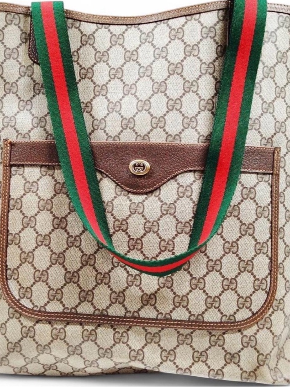 🔝Gucci brown canvas tote bag with red & green webbing straps